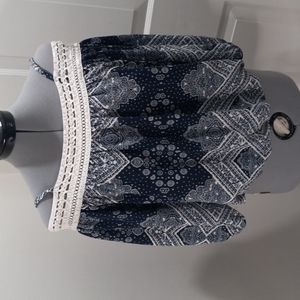 IZ Byer Sz Small. Blue/White Hankerchief W/Elastic Embroidered Shoulder Top